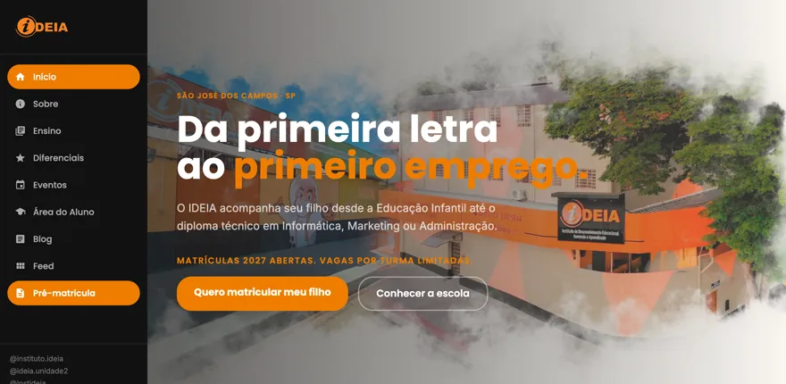 Site do Instituto IDEIA no ar, com hero laranja e menu lateral