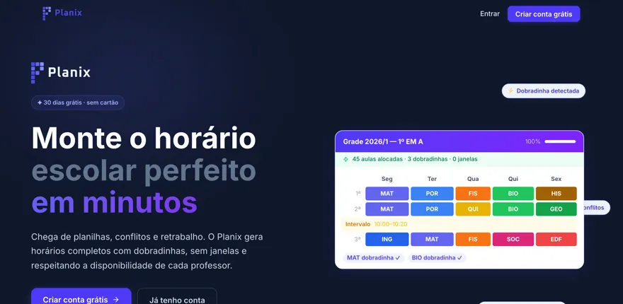 Landing page do Planix mostrando uma grade de horários escolares